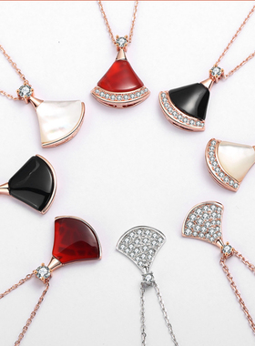 纯银扇形白贝母红玉髓小裙子项链