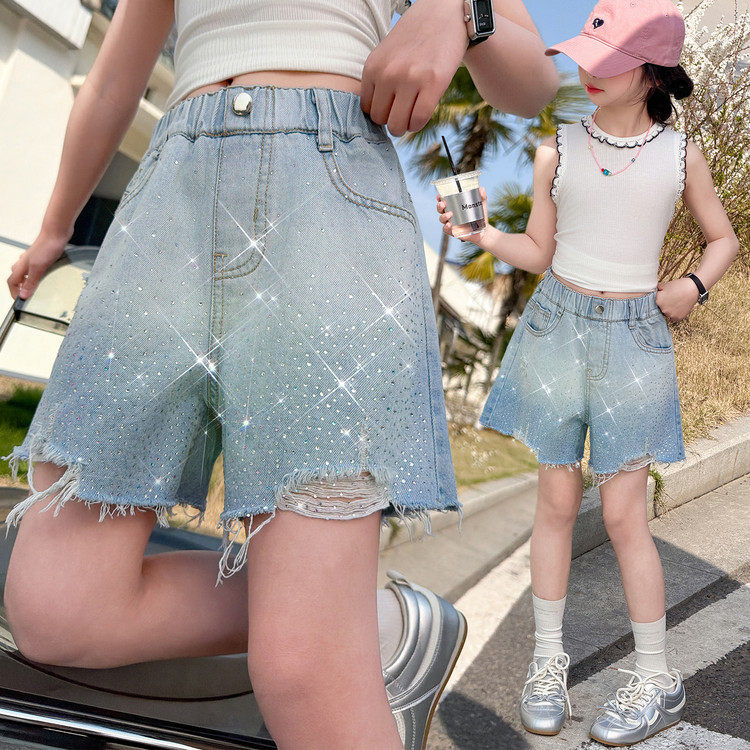 女童烫钻牛仔短裤夏季薄款宽松