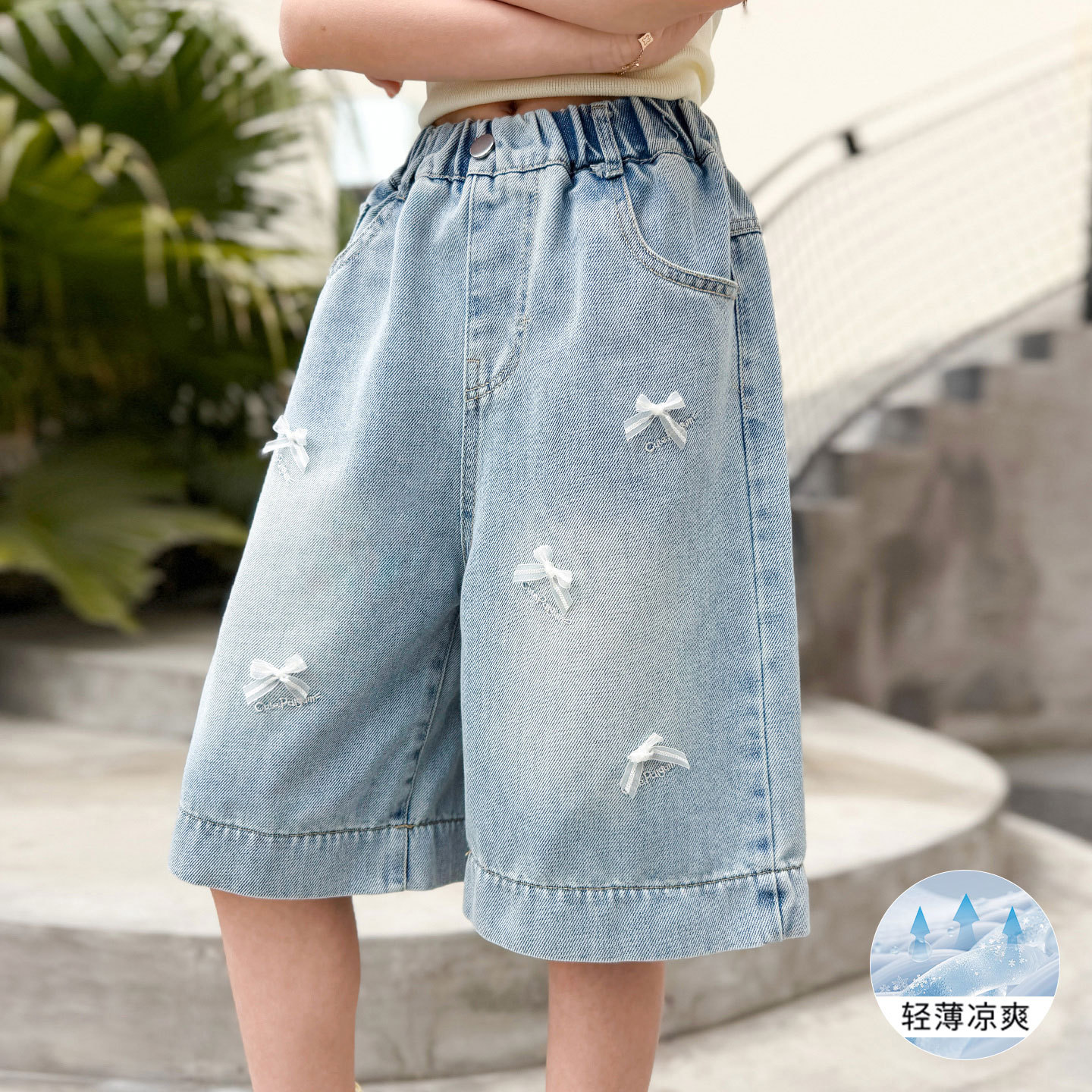 女童夏季薄款牛仔五分裤蝴蝶结