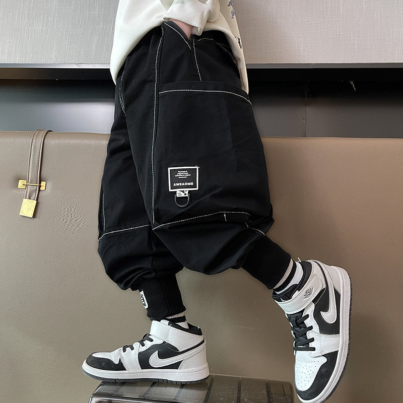 男童黑色束脚裤休闲运动裤加绒长裤韩版时尚潮休闲裤工装裤2026年