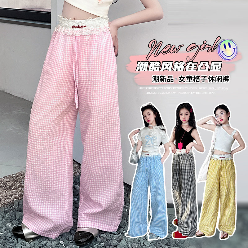 女童夏季格子高腰显瘦阔腿裤