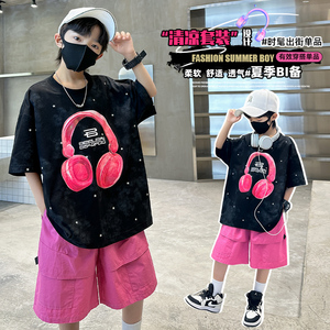 男童夏季短袖T恤套装休闲风圆领宽松耳机印花两件套中大童2026