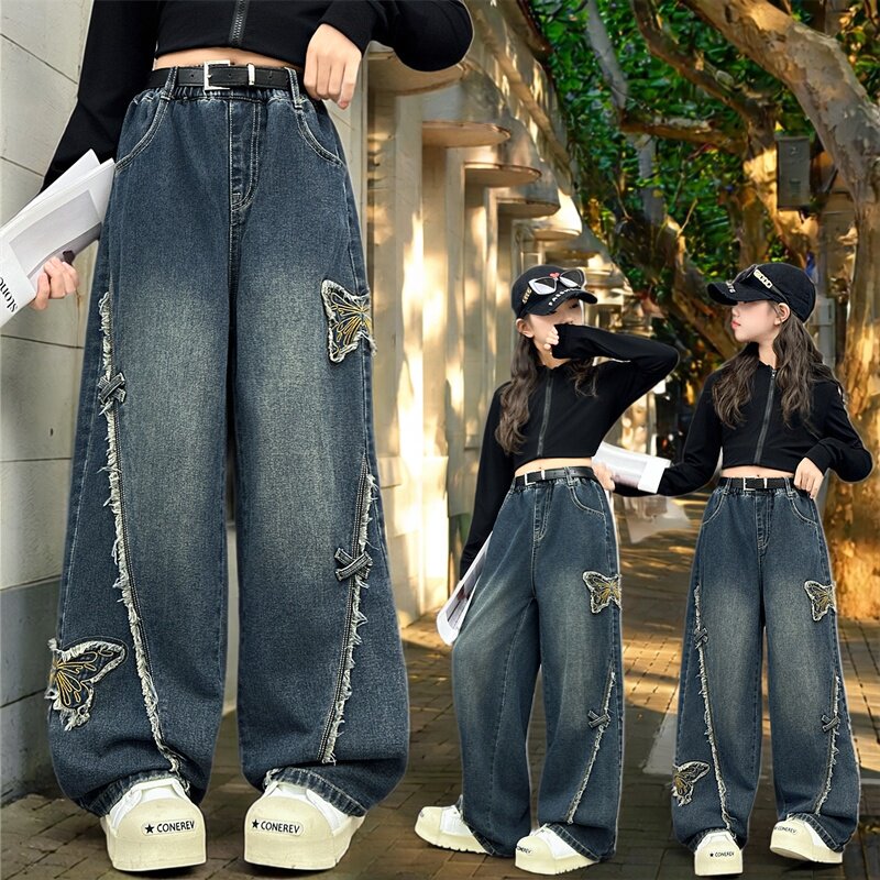 女童刺绣蝴蝶结阔腿牛仔裤宽松高腰长裤洋气街头风破洞2026新款潮