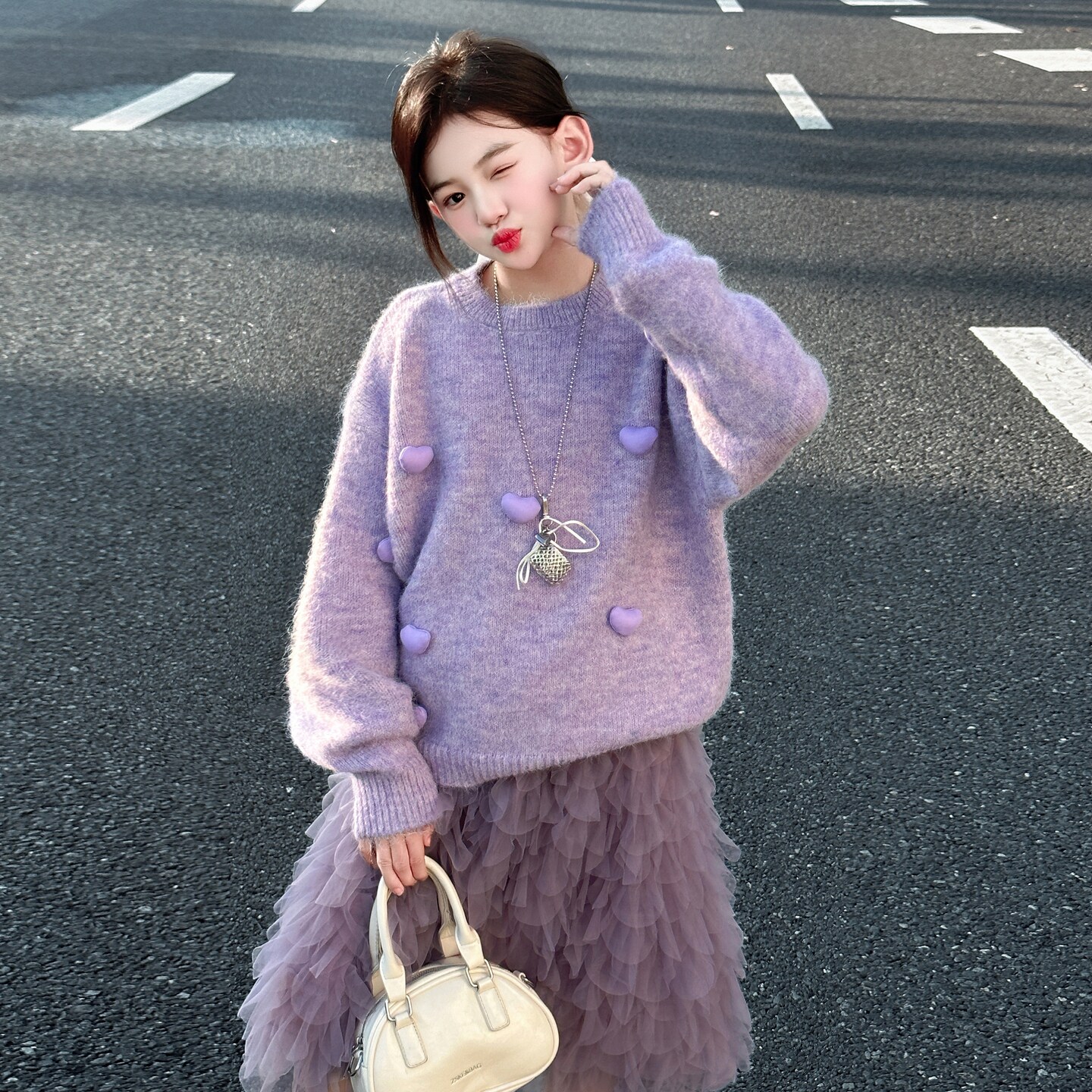 女大童紫色爱心扣针织毛衣套装秋冬洋气蛋糕裙两件套2025新款潮牌