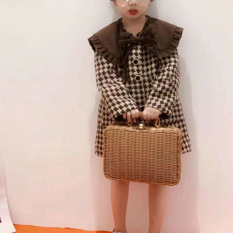 女童外套格子大领子呢料加毛加厚大衣上衣24秋冬装新款外贸童装