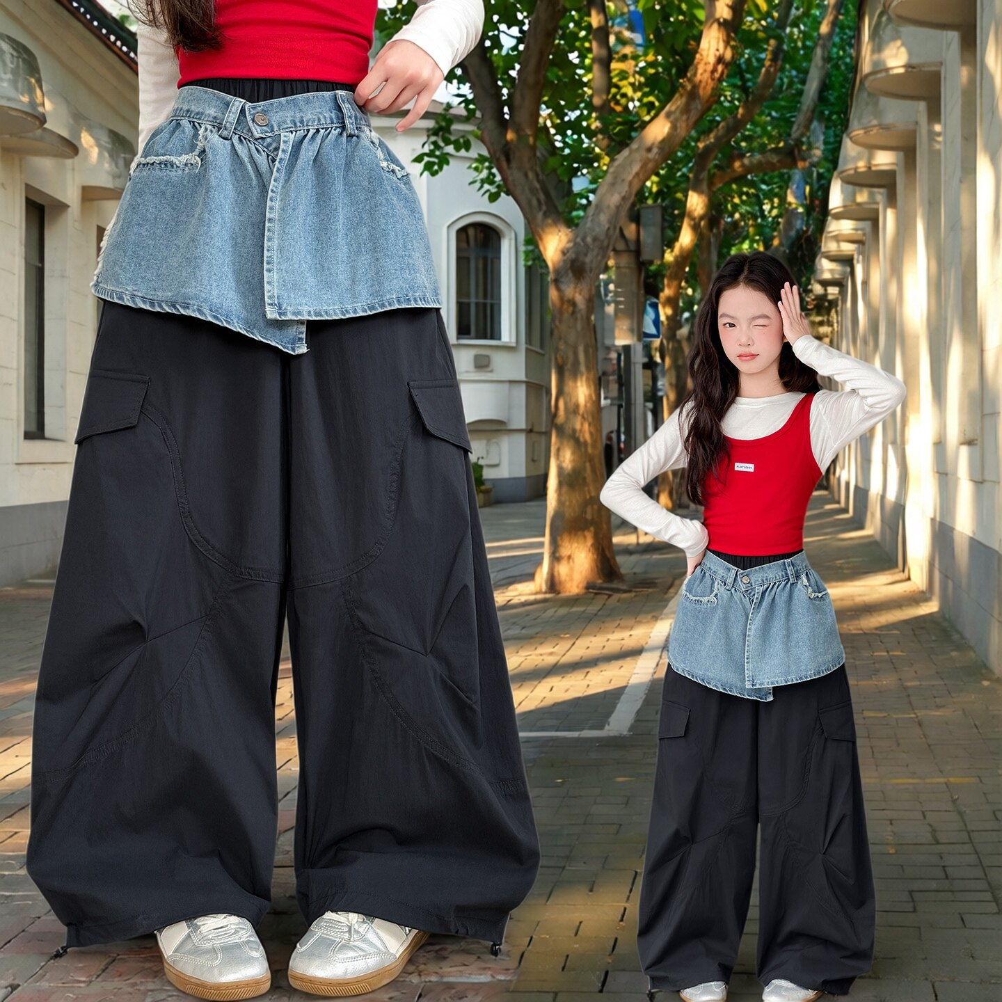 女童牛仔拼接工装裤黑色阔腿长裤中大童休闲直筒裤子洋气2026新款