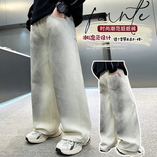 时尚泼墨阔腿裤男童春秋休闲长裤大童宽松直筒裤潮2026新款牛仔裤