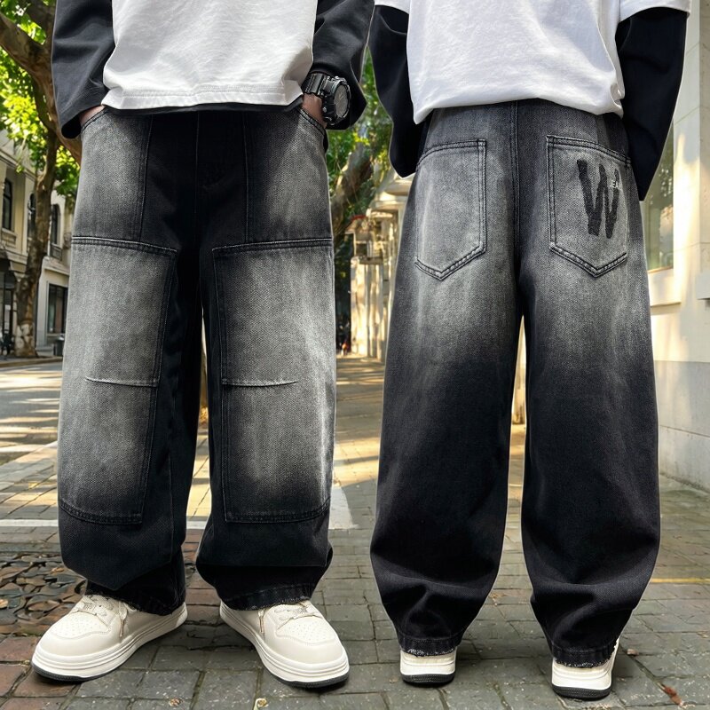男童直筒牛仔裤黑色休闲长裤中大童垂感裤子春秋款2026新款阔腿裤
