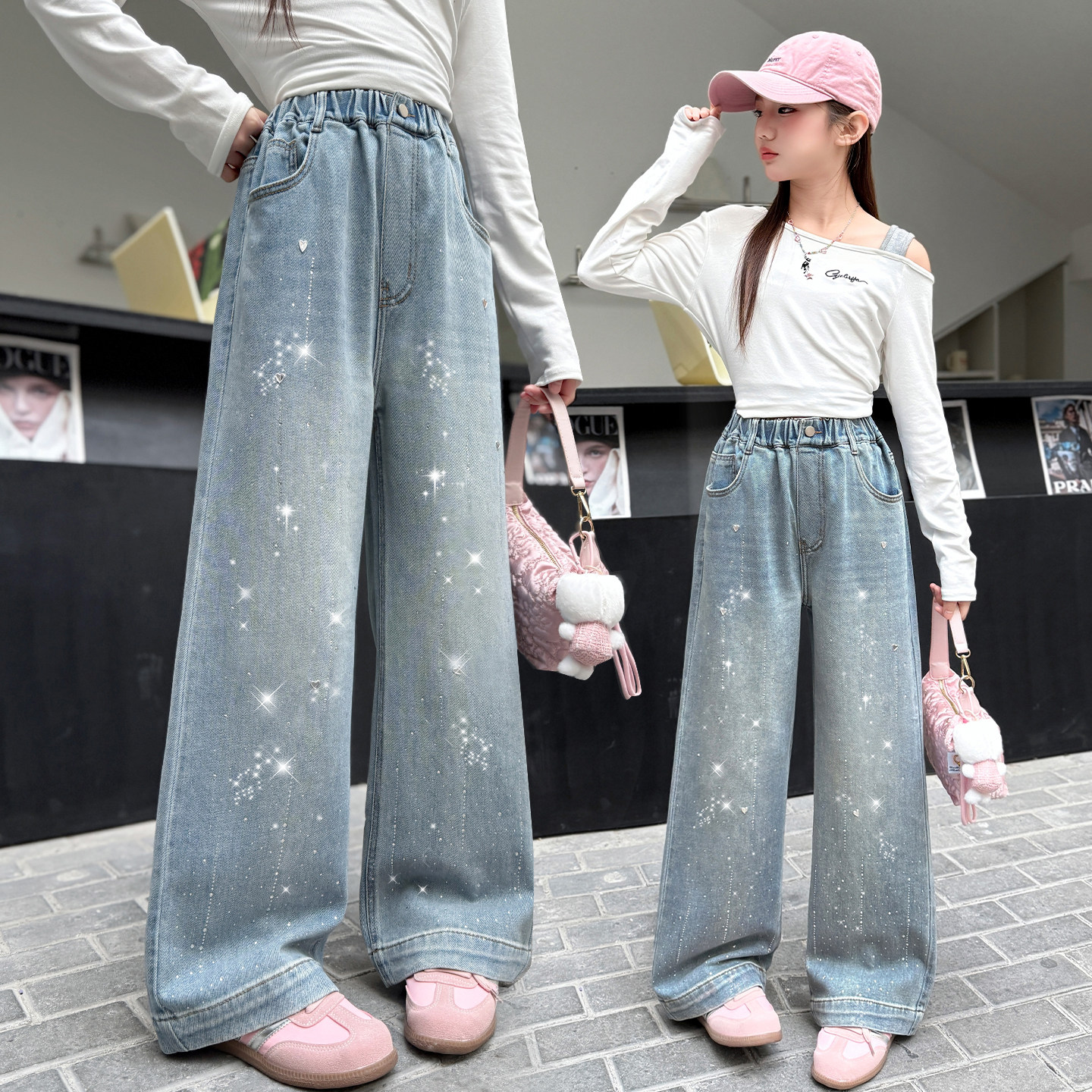 女童满天星阔腿牛仔裤春秋新款洋气烫钻休闲爱心长裤韩式2026新款