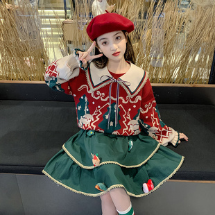 圣诞风针织毛衣裙女娃娃领蝴蝶结套裙新年红色公主裙氛围感2025