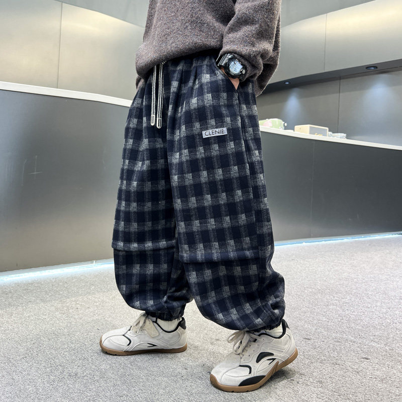 男童格子长裤秋冬加绒保暖休闲裤松紧腰宽松裤子束脚裤运动裤直筒