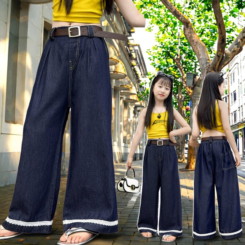 女童牛仔阔腿裤松紧腰蕾丝边长裤洋气休闲裤子中大童夏季2026新款