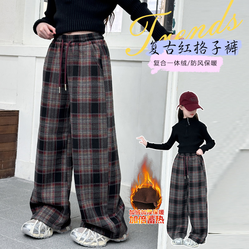 复古格子阔腿裤加绒加厚防风保暖宽松慵懒学院风长裤休闲裤慵懒风