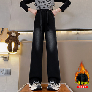 女童黑色阔腿裤冬季加绒加厚松紧腰宽松显瘦长裤牛仔裤2026年新款