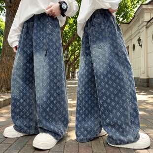 美式风提花牛仔裤男童宽松直筒长裤休闲潮牌裤子休闲款2026新款潮