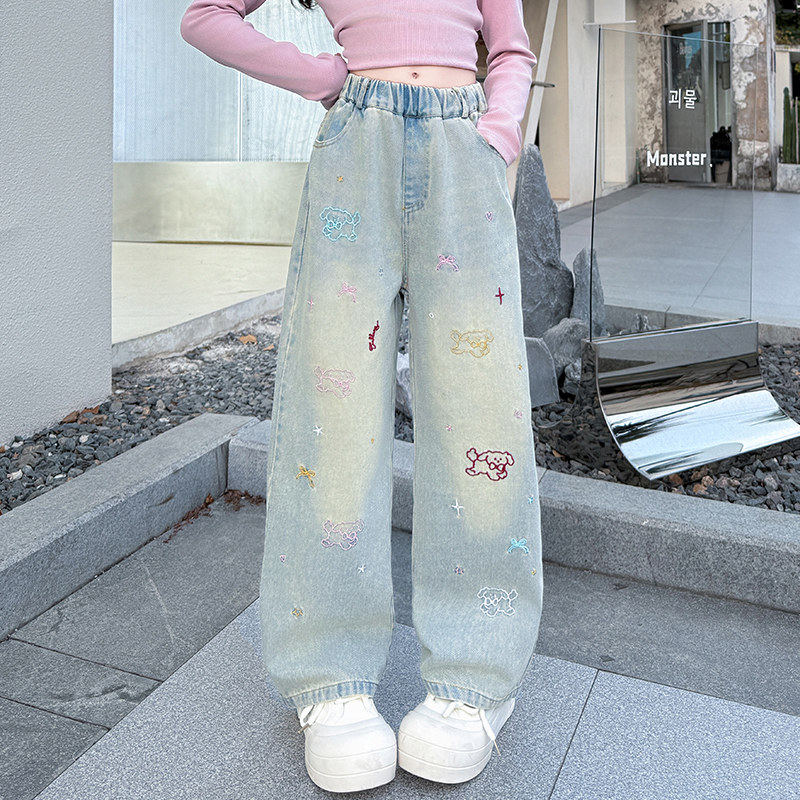 女童刺绣牛仔阔腿裤春秋新款洋气直筒长裤中大童松紧腰裤子2026年,童装/婴儿装/亲子装,裤子,淘宝优惠券,粉丝福利购,淘宝优惠卷