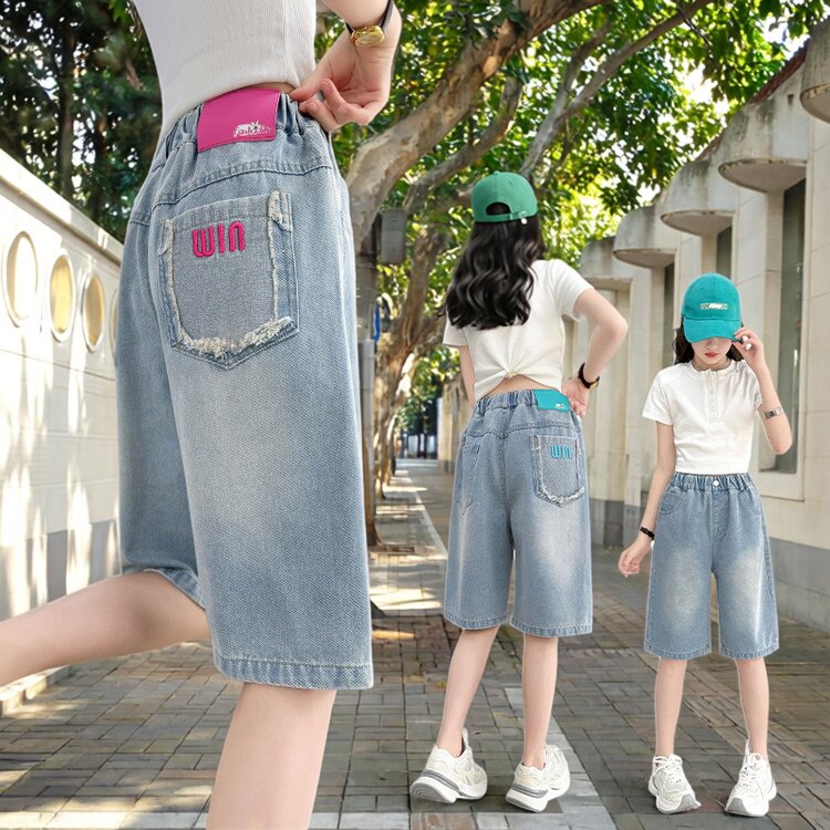 女童夏季薄款牛仔七分裤2026新款休闲洋气直筒后袋刺绣裤子短裤