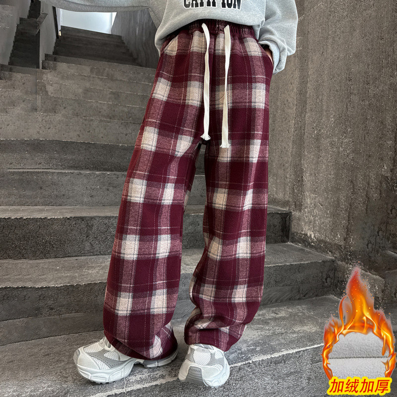复古红色格子阔腿裤女冬季加绒保暖高腰垂感休闲长裤2025新款时髦