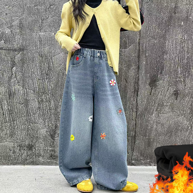 女童刺绣阔腿牛仔裤2026年新款韩版宽松加绒长裤子阔腿裤直筒休闲