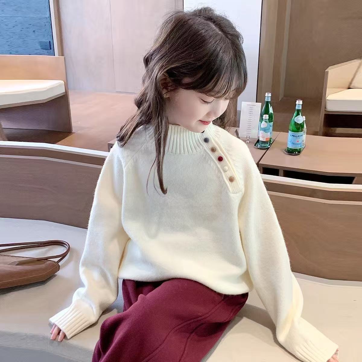 女童秋冬加厚立领纽扣打底毛衣
