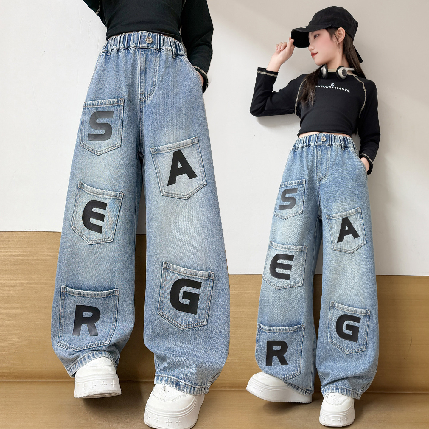 美式高街风字母刺绣多口袋牛仔裤女宽松阔腿长裤潮酷休闲裤2026年