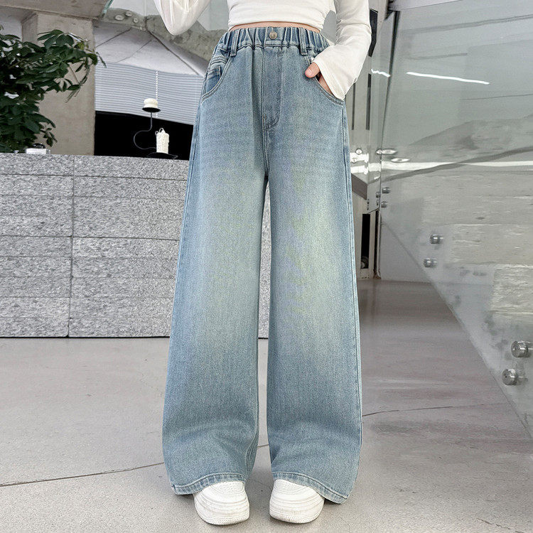 女童秋季新款后袋印花牛仔直筒裤中大童洋气显瘦阔腿裤子