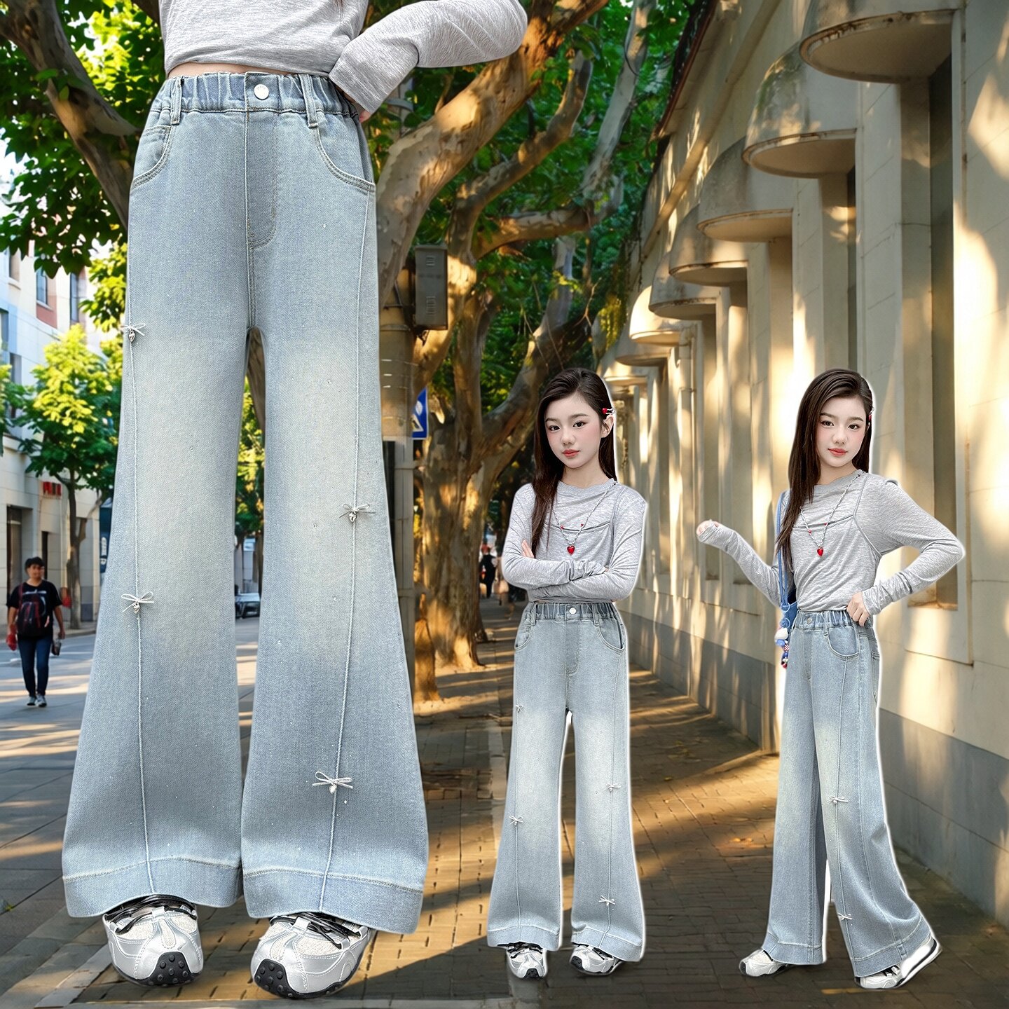 女童春秋款牛仔喇叭裤洋气中大童蝴蝶结装饰休闲长裤时髦裤子2026