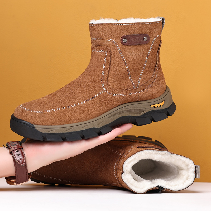 户外雪地靴东北男鞋羊毛冬季保暖男士棉鞋真皮反绒牛皮休闲鞋男款