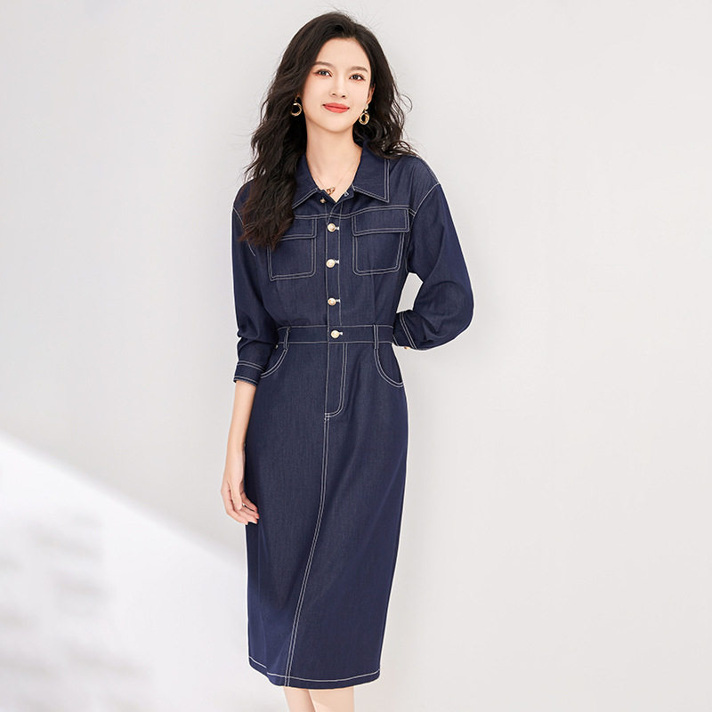 2321608-小众时髦舒式百搭休闲天丝牛仔衬衣裙女装气质长款裙子女
