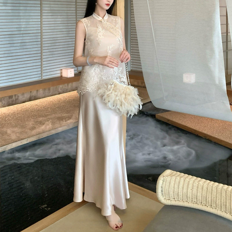 东方美学月照金枝新中式套装裙女春夏网纱刺绣马甲缎面吊带连衣裙