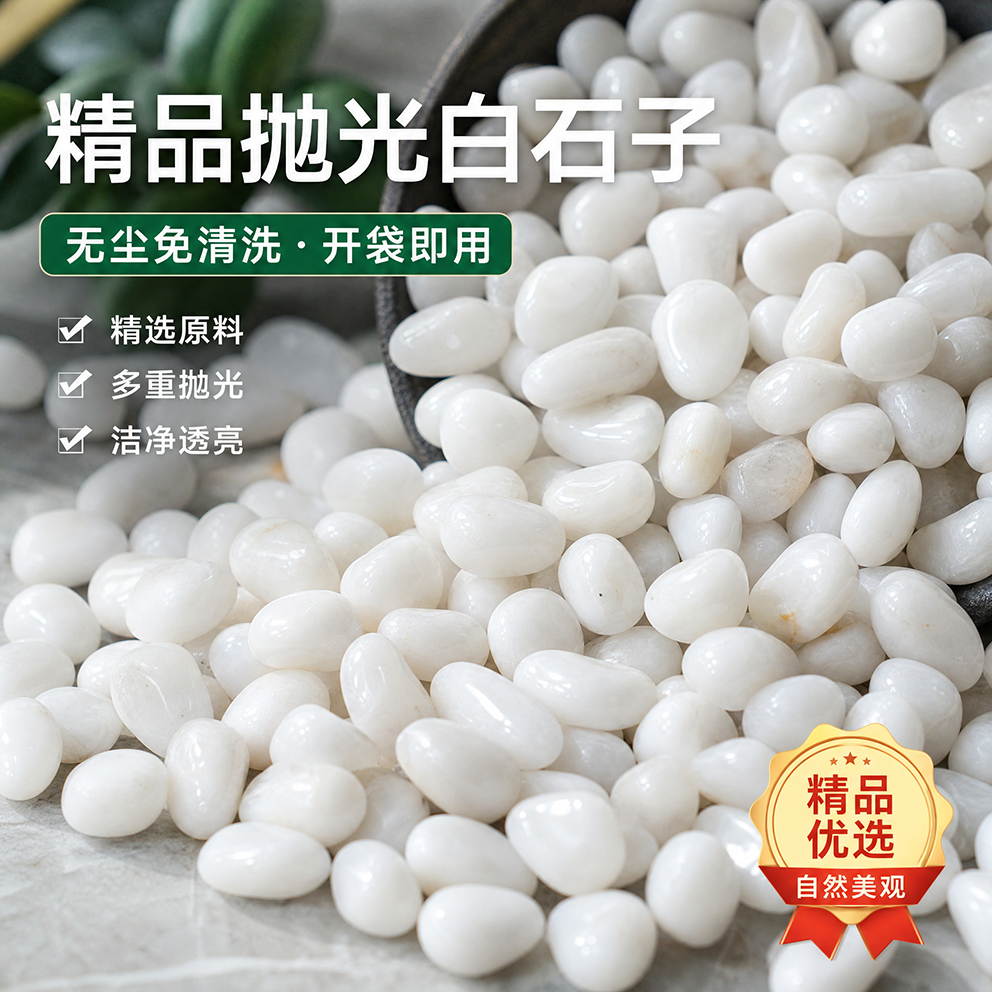 白色鹅卵石鱼缸造景石头庭院花盆铺地抛光白色石子精抛天然雨