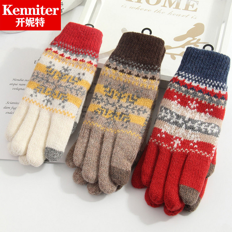 出口日韩秋冬新款民族风雪花针织毛线加厚加绒分指保暖棉手套女