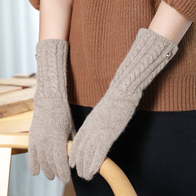 秋冬季韩版针织保暖中长款羊毛触屏触控女士舒适纯山羊绒手套全指