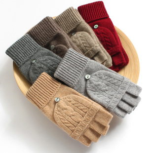 秋冬季韩版针织保暖中长款羊毛半指露指翻盖女士柔软纯山羊绒手套