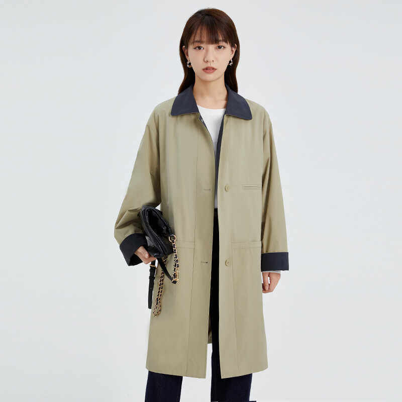 她图撞色拼接风衣外套女2024秋新款宽松新款大口袋中长款工装大衣