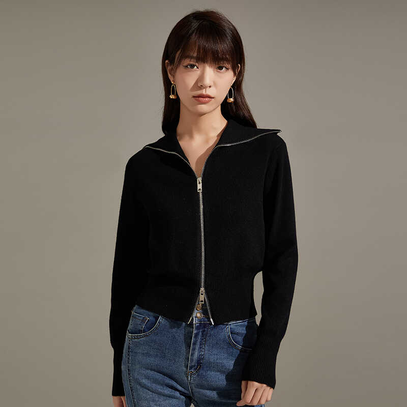 她图翻领拉链针织衫女2025春秋新款修身显瘦短毛衣外套小个子上衣