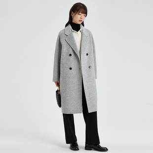 她图双面呢羊绒大衣女2024秋冬新款双排扣小个子中长款羊毛呢外套