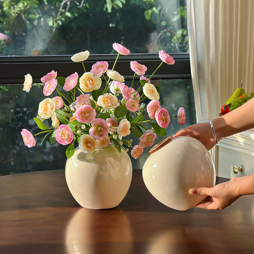 米白冰裂纹陶瓷花瓶高级感摆件