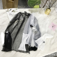 透明网纱打底衫女2019新款蕾丝罩衫超仙内搭渔网镂空性感上衣薄纱