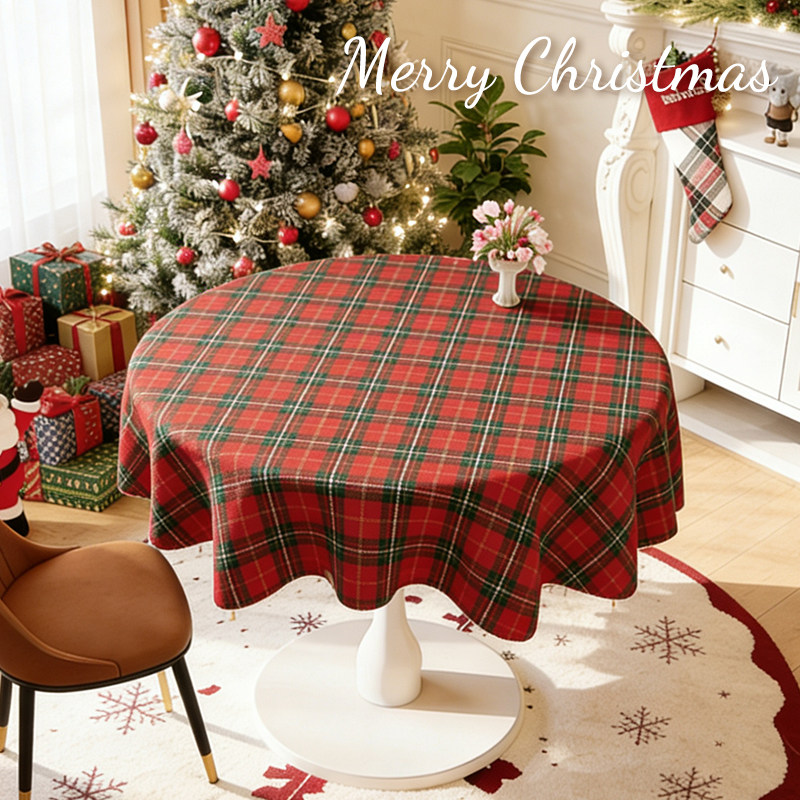 圣诞桌布氛围感装饰红色格子小圆桌餐桌布防油防水防烫免洗