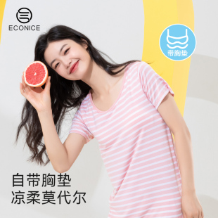 睡衣防凸点外穿孕妇家居服 短袖 莫代尔带胸垫睡裙女夏季 冰丝感长款