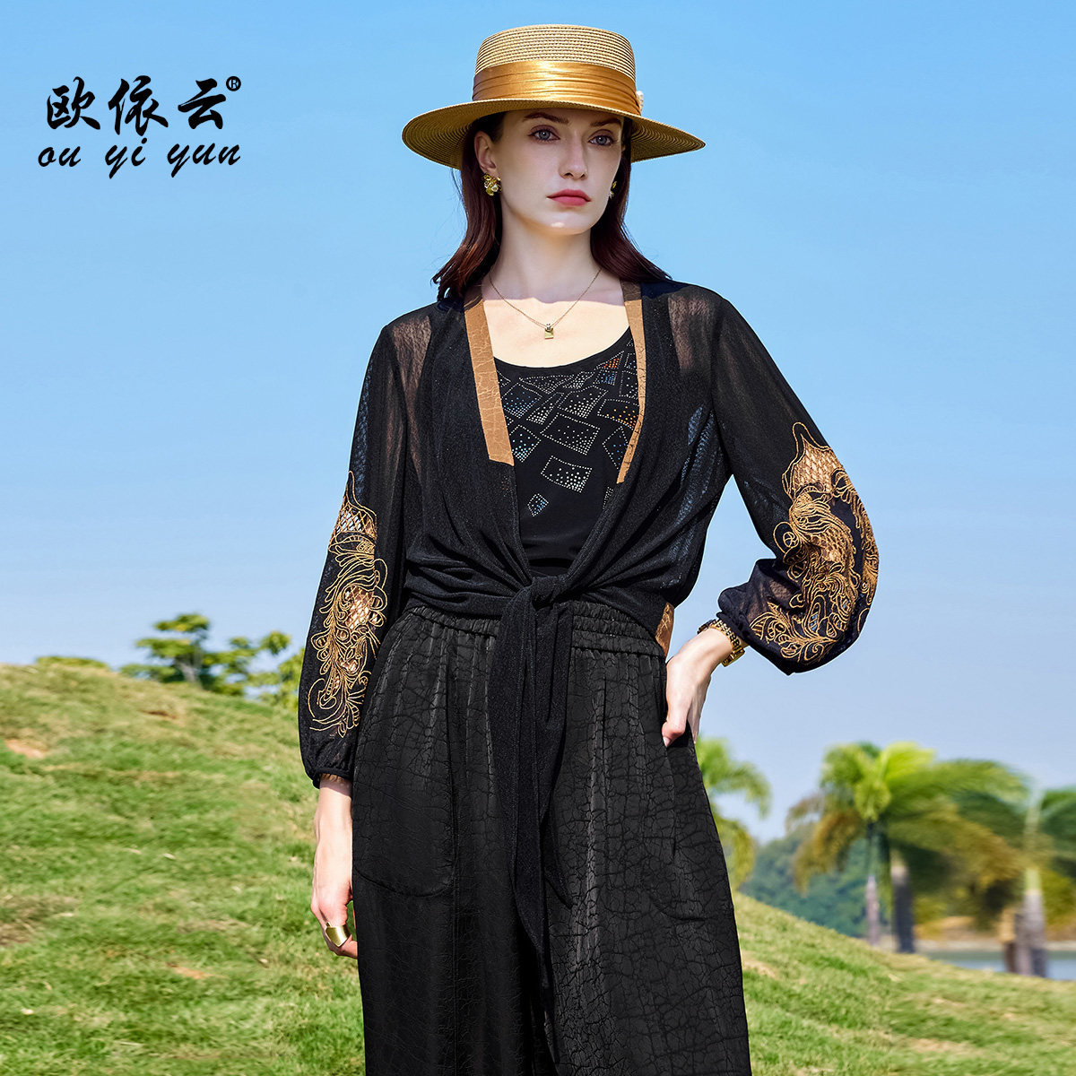 欧依云中年女夏装网纱上衣短外套长袖开衫洋气显瘦薄外搭2025新款