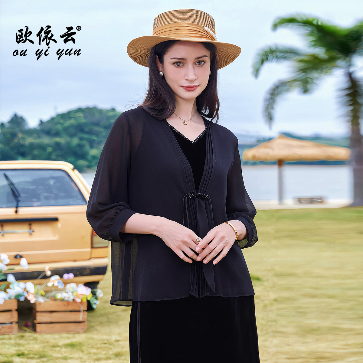 欧依云中年妈妈夏装薄上衣外搭宽松显瘦洋气网纱短外套女2026新款