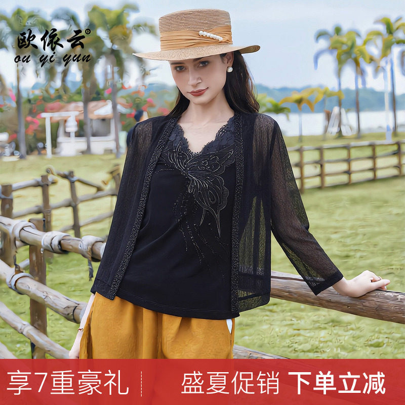 欧依云中年女夏装网纱外套洋气显瘦简约大方蕾丝衫上衣女2026新款