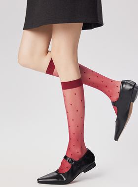波点黑丝袜女夏超薄红色圆点小腿袜日系jk防勾丝灰色透明长筒袜子