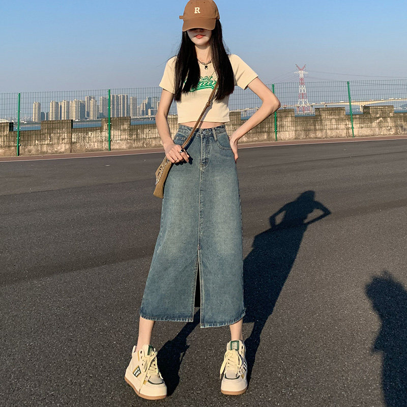 高腰显瘦中长款牛仔半身裙女春夏季百搭修身开衩包臀牛仔裙