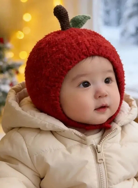 苹果帽~保暖婴儿帽新年红色帽子男女宝宝护耳帽小月龄外出bi备冬