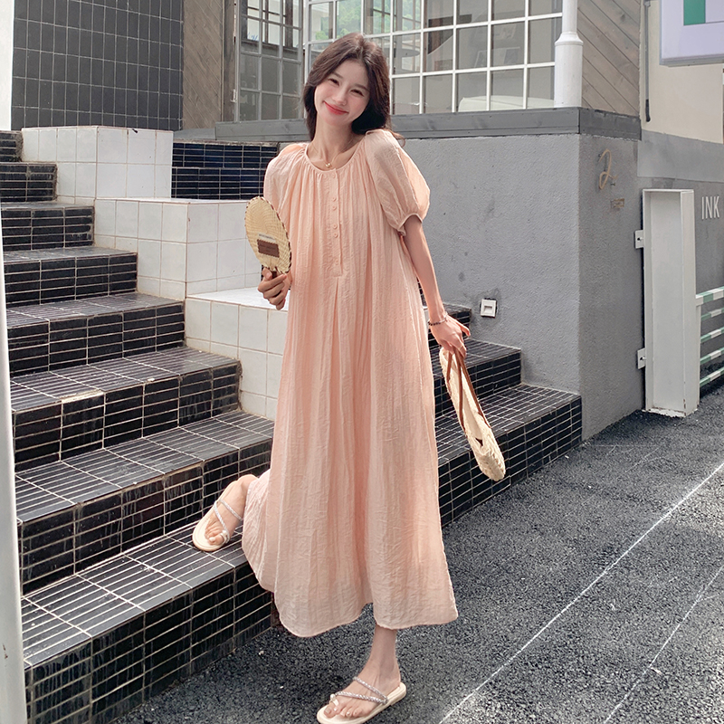 法式温柔风褶皱泡泡袖连衣裙女2025夏季新款韩系宽松显瘦甜美长裙，女装连衣裙，浙宝296