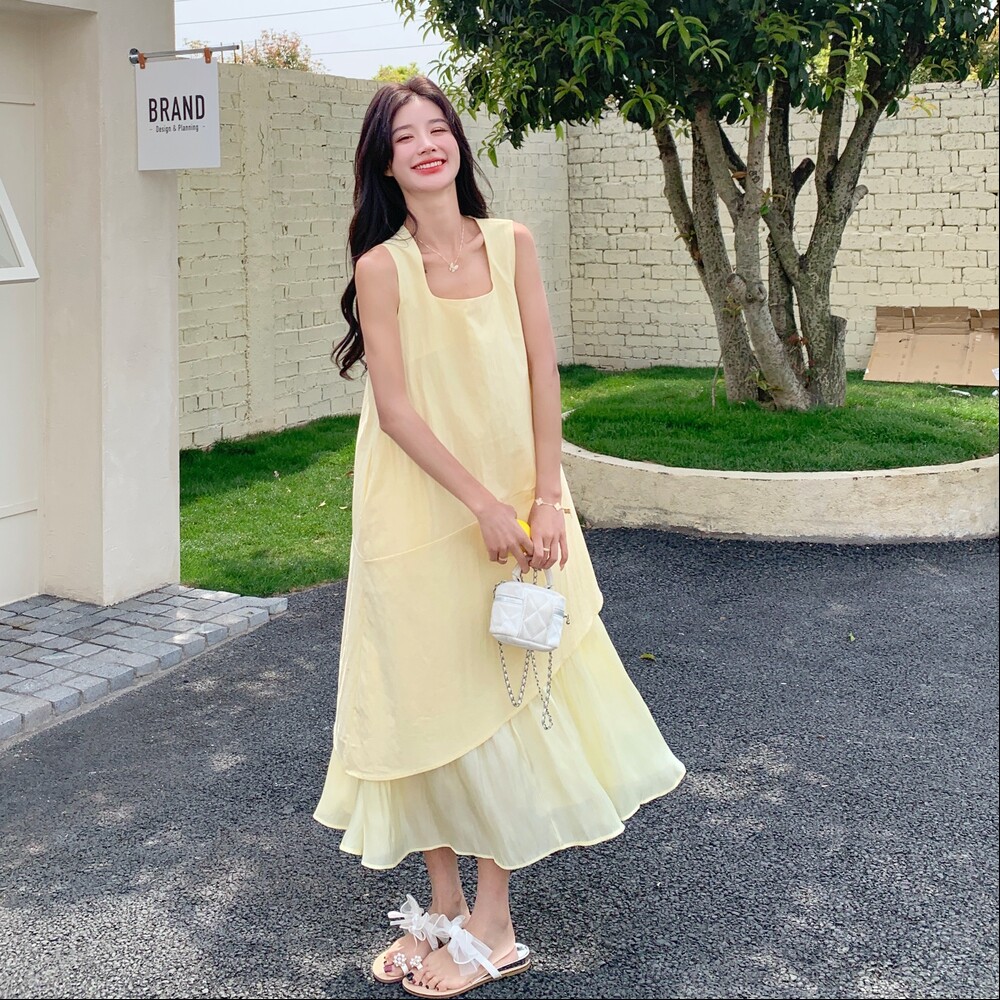 现货Y1120下摆不规则拼接方领连衣裙P135K198,女装连衣裙,浙宝296