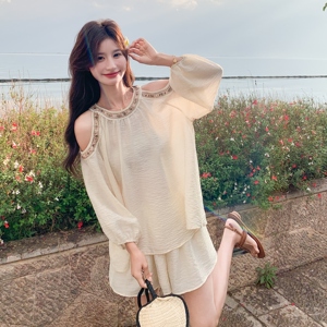 新款现货Y1139  手工串珠挖肩套装短裤两件套P150K218图片